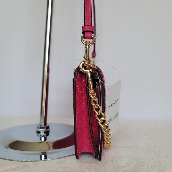 COACH Anna Pebbled Leather Foldover Clutch Crossbody With Chain- Bold Pink🎈$158 - Picture 8 of 16